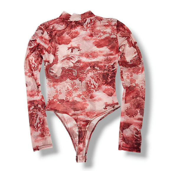 Missguided Mesh Dragon Print Bodysuit Mock Neck Long Sleeve Sheer Stretch 4 NWT - Picture 3 of 9
